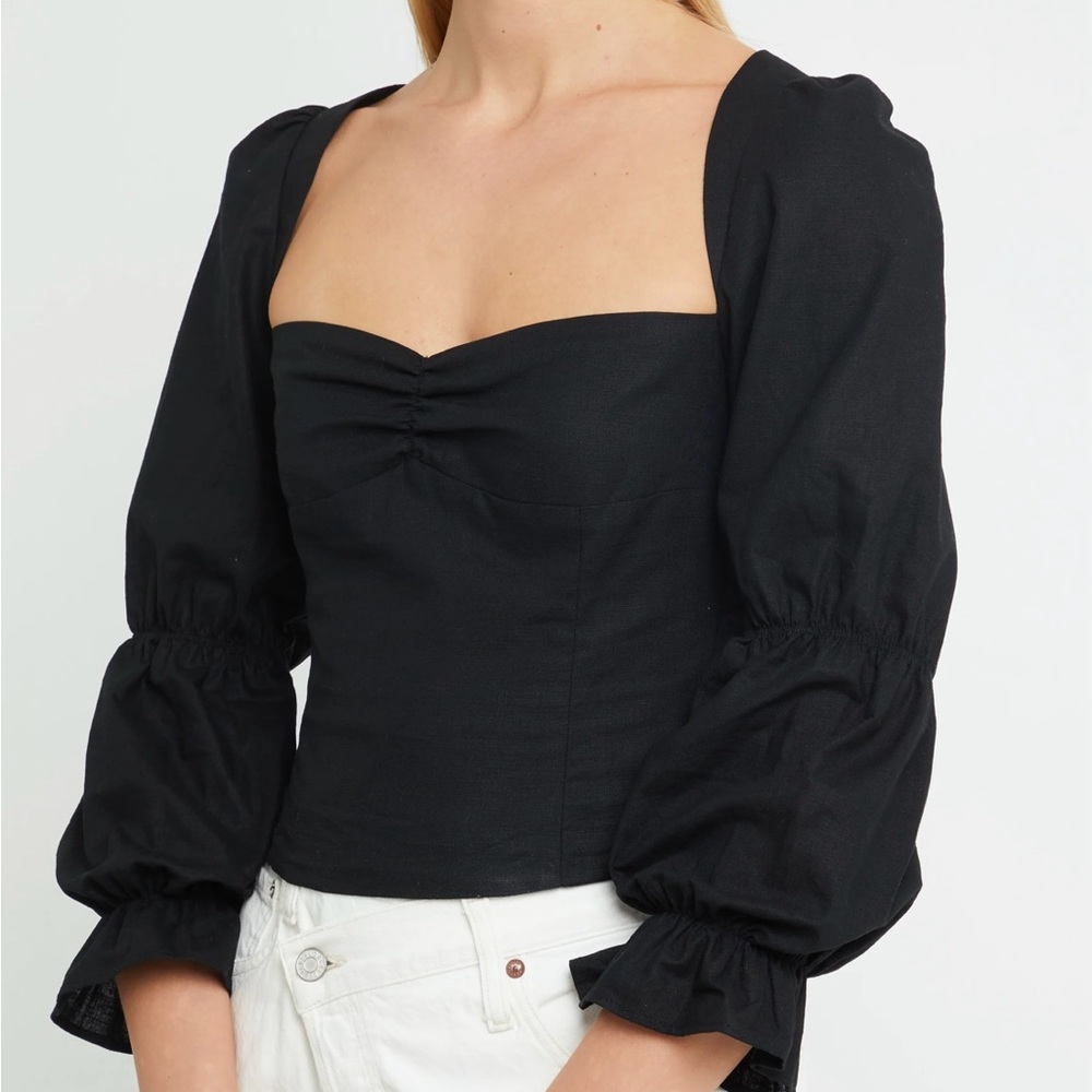 Black Fitted Ruched Puff Sleeve Blouse